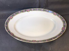 Ancien plat de service de table ovale en porcelaine années 1950 fleurs et dorure