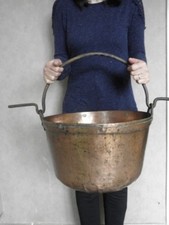 Antique Copper Cauldron pan Pot Old Cooking hand forged Large Log Basket big