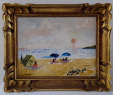 Tableau huile sur bois paysage marine personnages à la plage signé LOUISE PIASER