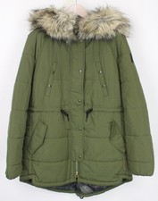 Replay Femmes Parka M Vert Doublé Fausse Fourrure Fermeture Snap Veste à Capuche