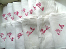 French  12  white cotton damask napkins red unique monogramed "M A" vintage
