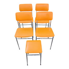 Lot de 4 chaises vintage + 1 tabouret - Années 60/70 - Chrome et skaï orange