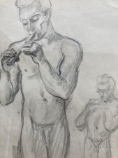 Beau Grand Dessin Homme Nu A La Flûte 1950 Mine Plomb Fusain Suzanne Tourte