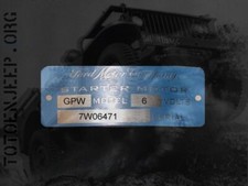 PLAQUETTE DATA PLATE DEMARREUR AUTOLITE 6V GPW .  JEEP WILLYS US WW2