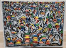 Tableau haïtien Original signé Nono. Scène De Marché Aux Ânes