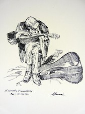 Encre de Chine école italienne 1981 IL SUONATORE DI MANDOLINO Osvaldo Borsani