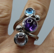 Ancienne Bague Argent Massif 925 et Cabochons Aigue-Marine Améthyste Topaze T.58