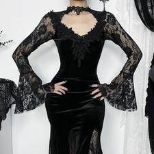Femme Gothique Dentelle Robe Longue Pur Maille Manche Haut Ouverture Soirée Fête