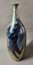 ANCIEN VASE BOUTEILLE BLEU CÉRAMIQUE IRISÉE ÉMAILLÉE DÉCOR FEMME ET LUNE - 1960s