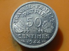 50 CENTIMES - ETAT FRANCAIS - 1944 B - RARE QUALITE SUP+ ! ETOILES NETTES !