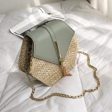 Sac à Main Femme Rotin Paille Cuir PU Bohème Hexagonale avec Chaîne Luxe Glamour