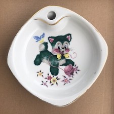 Ancienne assiette à bouillie vintage décor chaton oiseau fleurs