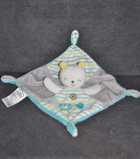 🍀Doudou Ours Plat Bleu Gris Blanc Jaune Rayure MOTS D'ENFANTS Leclerc Chat TTBE