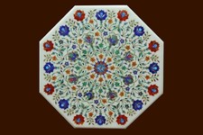 24 " Marbre Café Table Haut Main Floral Incrustation Demi-Précieuses Pierres Art