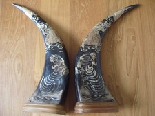 LOT ANCIEN 2 CORNES SCULPTÉES DRAGONS ART ASIATIQUE JAPON CHINE OBJET ETHNIQUE