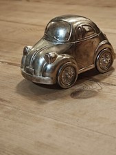 Tirelire voiture WV Coccinelle, métal argenté vintage en état parfait 