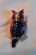 Broche vintage oiseau hibou émaux strass