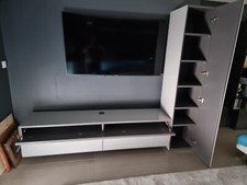 ensemble meuble tv et colonne roche bobois - bois et verre laque gris