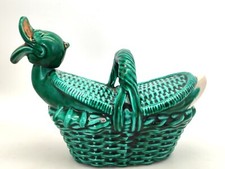 Ancienne bouteille publicitaire en barbotine Franor Royale – panier canard vert