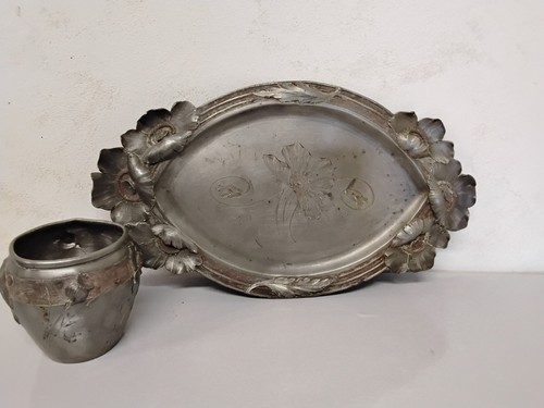 Plateau pot etain signé - plateau, en