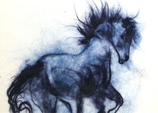TABLEAU SOUS VERRE  EN FIL DE LAINE ETIRE, signé, bleu marine, cheval, curiosité