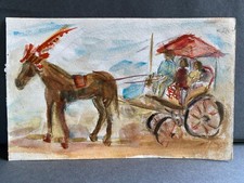 AQUARELLE SUR PAPIER CHEVAL TIRANT CARRIOLE SUZANNE PEGEAUD DEVA 20EME A6264