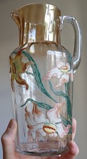 GRAND PICHET VERRE EMAILLE AUX FLEURS de Narcisses ART NOUVEAU 1900 Legras