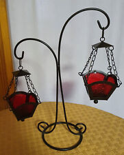 Photophore 2 paniers godets métalliques noir vitraux rouge 