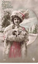 FETES VOEUX AC#MK702 BONNE ANNEE JEUNE FEMME MANTEAU ET CHAPEAU DE FOURURE