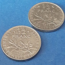 2 pièces de monnaie de 1/2 franc semeuse en nickel 1972 et 1997 TTB nettoyées.