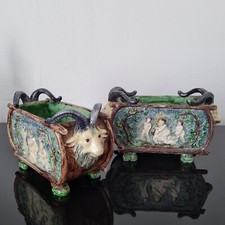 Thomas Sergent (1830-1890) Paire de Jardinières Barbotine avec Boucs Majolica 