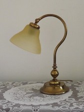 French Vintage Brass Goose Neck Table Lamp Patterned Glass Shade 5353