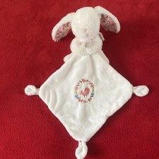 ?? Doudou Lapin Blanc Mouchoir Oiseau Fleurs Brodé Liberty POMMETTE NEUF