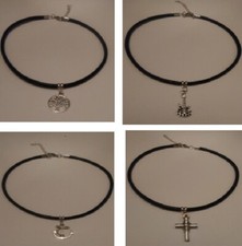 Collier ras cou cordon choker cuir véritable rond noir 4 mm a pendentif / MIXTE