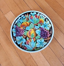 Plat en faïence CERART MONACO Décor polychrome floral fruits Signé Vintage 1950