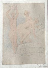 DELARUE FORTUNÉ "JEUNES  FEMMES NUES A LA FONTAINE" AQUARELLE  ET CRAYON XIXEME 