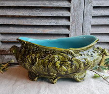 ANCIEN POT VASE JARDINIERE BARBOTINE SARREGUEMINES DECO ANGE CUPIDON