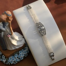 Bracelet Argenté Antique Art Deco Strass Plusieurs Rangs Perle Jade Blanc QD30