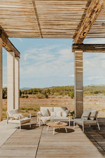 Salon de jardin canapé 2 places, 2 fauteuils, table basse en aluminium et bois