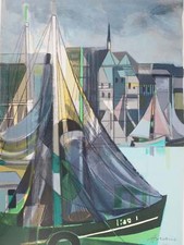 Camille HILAIRE : Normandie, Voiliers à Honfleur, Lithographie originale signée