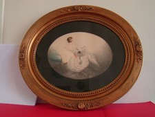 Gravure Art déco dans un cadre ovale d'une jeune femme et son chat #1424#