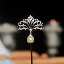 Broche Eventail Dentelle Fausse Perle Goutte Belle Epoque Style Rhodiée SB31