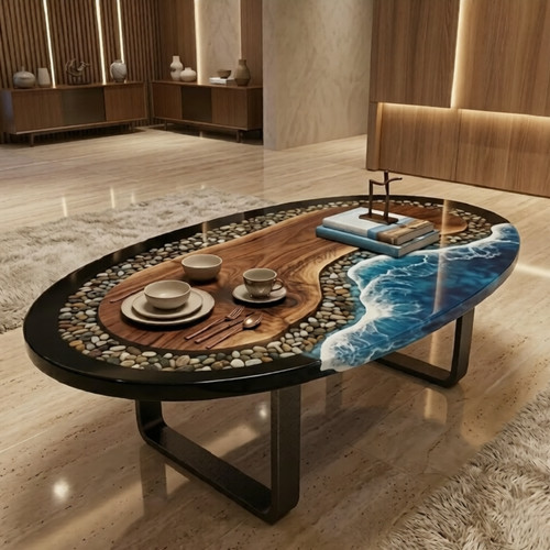 Table basse ovale époxy bleu