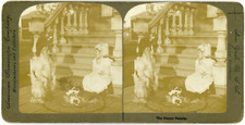 Stereo The happy family, Little girl with dog and puppies, circa 1900 Vintage st