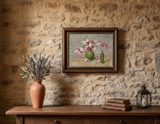 Tableau art mural asiatique 44x37 cm - Art floral vintage signé - peinture