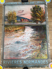 Ancienne affiche entoilée "Chemins de Fer de l'Etat" Rivières Normandes Bernay
