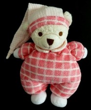 *. DOUDOU PELUCHE NOUNOURS OURS ROSE BLANC MARRON LONG BONNET CARREAUX TTBE