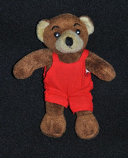 ?Doudou Petit Ours Brun BAYARD PRESSE POPI Salopette Rouge Peluche Mini 12 Cm