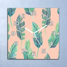 Horloge Murale En Verre 30x30 Vert feuilles pêche exotique tropical coloré