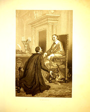 Lithographie le Cardinal de Richelieu audience religieux chats